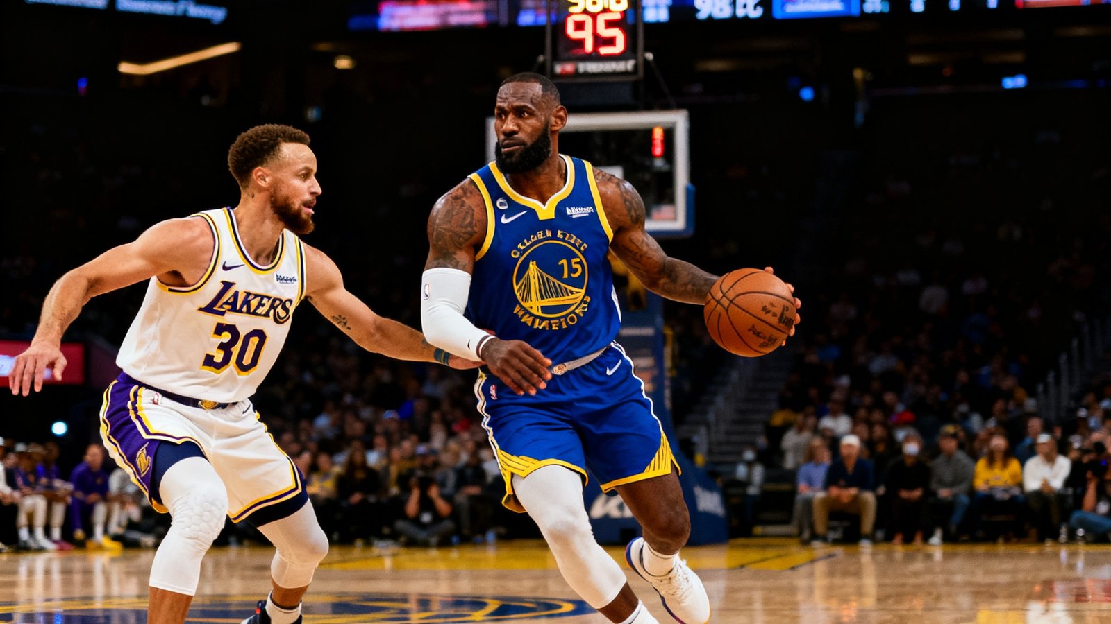 NBA常规赛洛杉矶湖人对阵金州勇士的高清直播画面，詹姆斯持球突破，库里外线防守，场上比分98比95